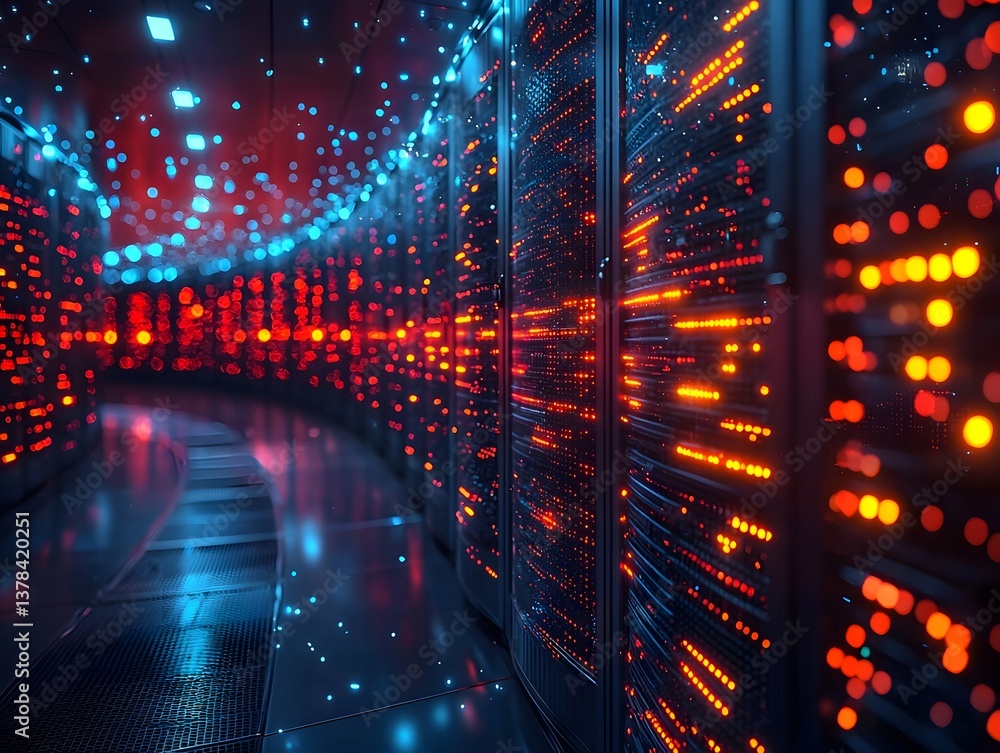 Poster glowing quantum computing server room with dynamic energy patterns