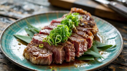 Succulent steak slices garnished with green onions served on a decorative plate