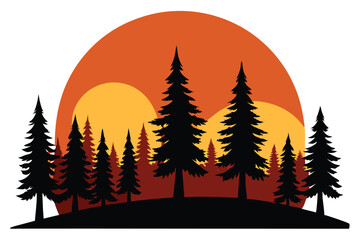 Obraz premium Evergreen Trees Silhouette Against Yellow and Orange Sunset Design