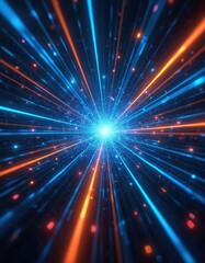 Obraz premium Dynamic illustration of blue laser beams emitting vibrant light on dark black background. High-speed shine creates sense of energy, motion. Modern tech design, perfect for sci-fi, digital art, space,