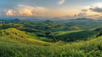 Naklejka premium Verdant Rolling Hills With Wind Turbines Under A Cloudy Sky