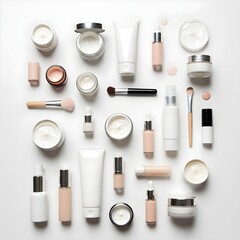 Cosmetic Flat Lay - Makeup Essentials and Skincare Products on White Background