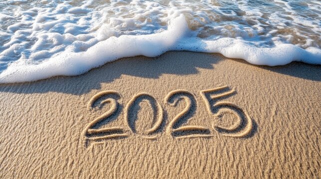 Love and 2025 Written in Beach Sand with Heart Shape