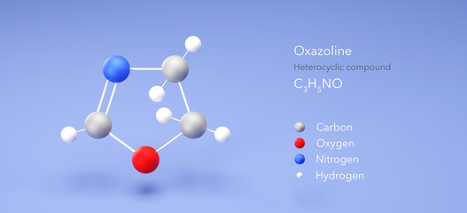 oxazoline molecule, molecular structure, heterocyclic compound 3d model, Structural Chemical Formula and Atoms with Color Coding