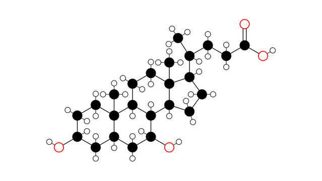 chenodeoxycholic acid molecule, structural chemical formula, ball-and-stick model, isolated image bile acid