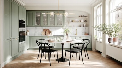 Modern Kitchen Interior: A contemporary kitchen design showcasing elegant cabinetry, modern appliances, and a stylish dining area, offering a glimpse of a welcoming and functional space.