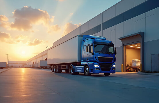 Modern logistics warehouse with blue semi-trailer truck unloading goods. Cargo storage facility exterior with bay gate. Sunset sky background. Shipping industry building, delivery, export, business.