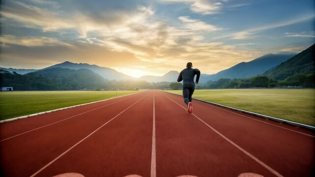 Man running on a track with the year painted on it towards mountains and a bright sky at sunset