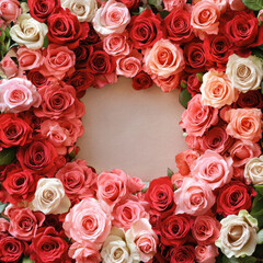 beautiful arrangement of red, pink, and white roses forming circular frame, perfect for celebrations and special occasions. vibrant colors evoke joy and love