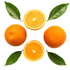 Vibrant oranges and fresh green leaves, perfect for food packaging design, isolated on white background.