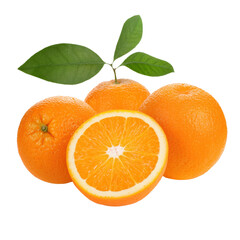 Fresh, juicy oranges with vibrant green leaves, perfect for food and beverage packaging design, isolated image.