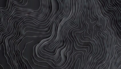 Abstract topographic map design.  Complex, layered lines create a dynamic, undulating relief effect. Dark gray tones enhance the depth and texture