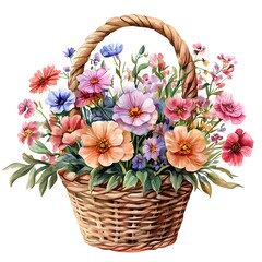 Beautiful bouquet of colorful flowers in a woven basket against a white background