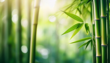 close up of bamboo stalks in a green forest setting with natural light and blurred background copy space
