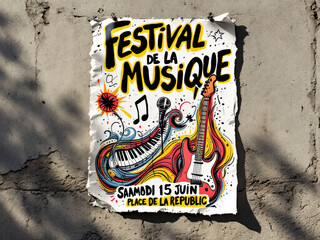 Colorful festival de la musique poster on a wall advertising a June event.