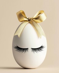 White Easter egg with makeup and gold bow. Minimal holiday season concept background. 