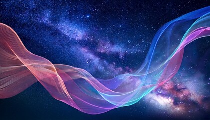 Fototapeta premium a colorful flowing transparent silk fabric waves on a dark blue and purple starry sky background with copy space generative ai