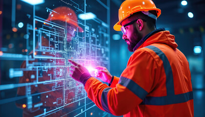 Construction worker in safety gear analyzes blueprint in futuristic setting. Neon glow illuminates digital design, interface technology, cyber world. Engineering, inspection, data analysis concept.