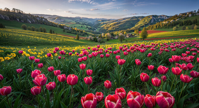Colorful tulip fields bloom under a vibrant sunset in the valley
