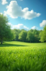 Obraz premium Close-up fresh green lawn under blue sky with white clouds. Green grass, trees, bright sunlight, summer day. Nature background, outdoor landscape. Perfect for eco, wellness projects, design,