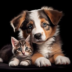 Obraz premium Hund und Kätzchen beim Chillen, schwarzer Hintergrund