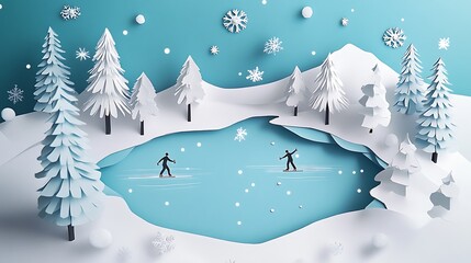 Paper art winter ice skating scene.
