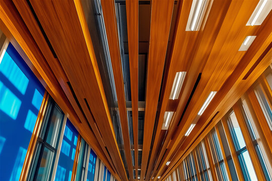 Modern wooden ceiling architecture with geometric pattern and natural light. Interior design of contemporary building with wood panels, glass windows and linear elements with copy space.