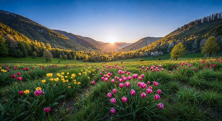 Fototapeta premium Vibrant tulip field in the morning light with mountain backdrop