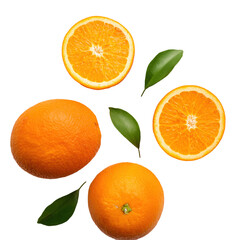 Fresh, juicy oranges with vibrant green leaves, perfect for food styling and beverage packaging design, isolated.