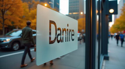 A glass window displaying the logo "Danire" with a city street reflection.