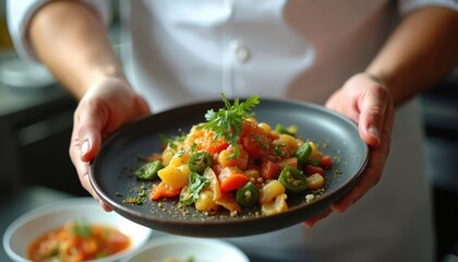 Chef plates delicious meal, culinary art. Plate of fresh food, tomatoes, herbs, green peppers. Fine dining at restaurant, eatery, kitchen presentation. Work, cooking process, skill, technique,