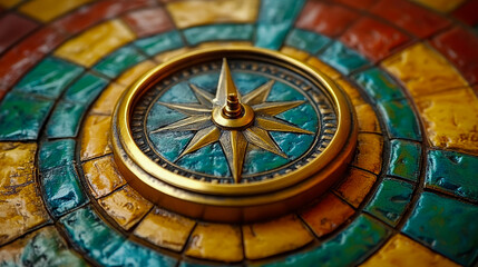Intricate Vintage Compass Rose: Guiding Light of Discovery on a Textured Tile Map
