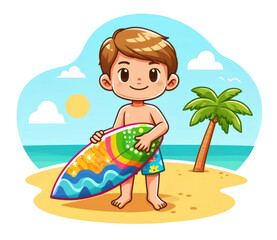Cartoon Boy Surfing at Tropical Beach Illustration