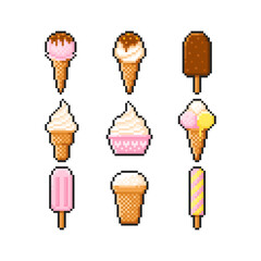 Pixel ice cream collection isolated on white background. Pixelated badges, game assets or computer arcade food items. Ice cream cone and popsicle icon set. Vector 16 bit pixel art illustration.