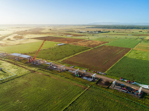 Singleton Bypass under construction first girders placed and crane working on bridge building