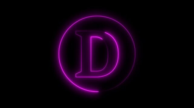 Animation of neon capital letter D on black background. Pink color letter animation