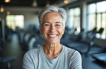 Smiling senior woman in gym after fitness workout. Elderly female with grey hair in sportswear shows healthy lifestyle. Active pensioner lady in her 60s enjoys training. Concept of mature wellness.