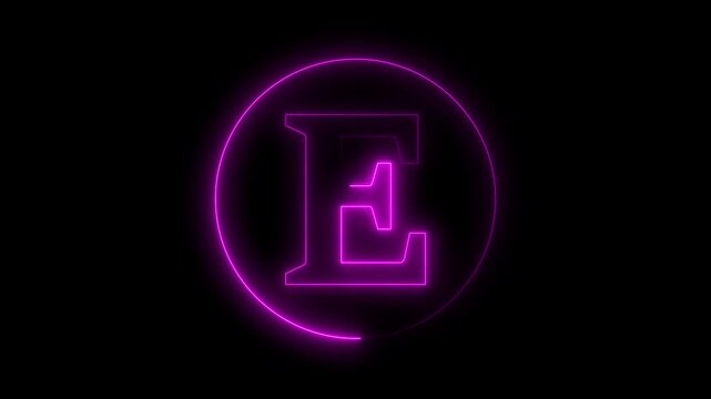 Animation of neon capital letter E on black background. Pink color letter animation