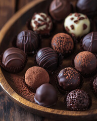 assorted dark chocolate truffles dusted with cocoa powder on a rustic wooden plate, soft lighting, elegant and luxurious presentation
