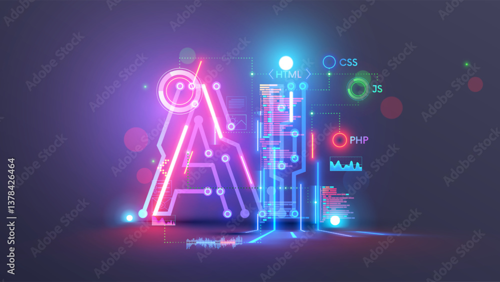 Fototapete AI logo. Abstract technology conceptual background with AI letters. AI text consist at pcb, electronic signals, text of code programs, computer languages. Artificial intelligence programming, coding.