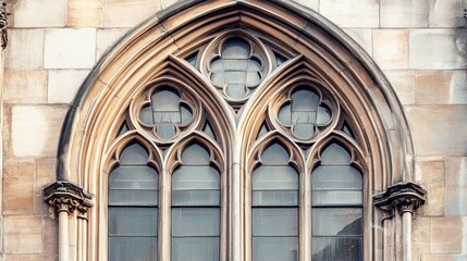 Obraz premium Beautifully crafted gothic window with intricate stone designs. The architecture highlights the artistry of another era. A stunning example of historical craftsmanship. Generative AI