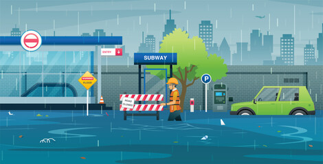 Rescue workers are installing flood warning signs on subways that are shutting down.