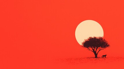 African Sunset Silhouette, Lion, acacia tree, and sun at sunset in Africa.