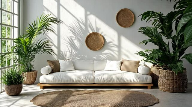 Bright, airy living room with natural elements