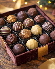 Chocolate truffles in a luxurious gift box with velvet interior, gold accents, tied with a satin ribbon. Rich, festive lighting