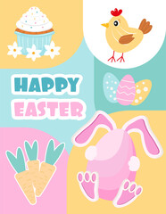 Happy Easter, invitation, hide and seek, cockerel, hen, chick, holiday, postcard, banner, rabbits, hare, bunny, Easter, Easter cake, painted eggs, inscription, Religious holiday. Vector illustration