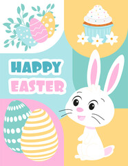 Happy Easter, invitation, holiday, postcard, banner, rabbits, love, hare, bunny, easter, kulich, painted eggs, outline, inscription, religious holiday. Vector illustration