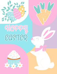 Happy Easter, invitation, holiday, postcard, banner, rabbits, love, hare, carrot, cute, bunny, easter, kulich, painted eggs, outline, inscription, religious holiday. Vector illustration