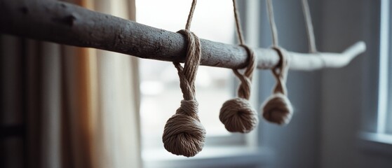 Ropes tied in decorative knots hang from a wooden beam, silhouetted against large windows, casting shadows in a rustic setting.