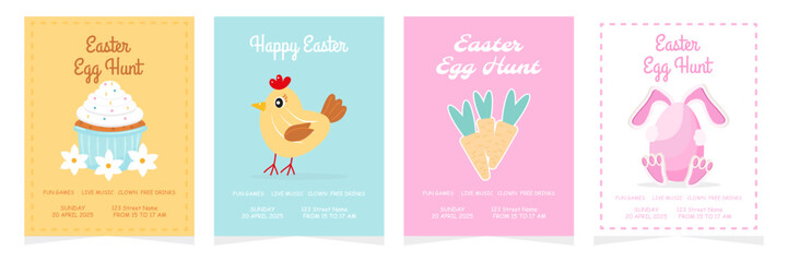 Set of postcards, Happy Easter, invitation, hide and seek, cockerel, hen, chick, holiday, postcard, banner, rabbits, hare, bunny, Easter, Easter cake, painted eggs, inscription, Religious holiday. Vec